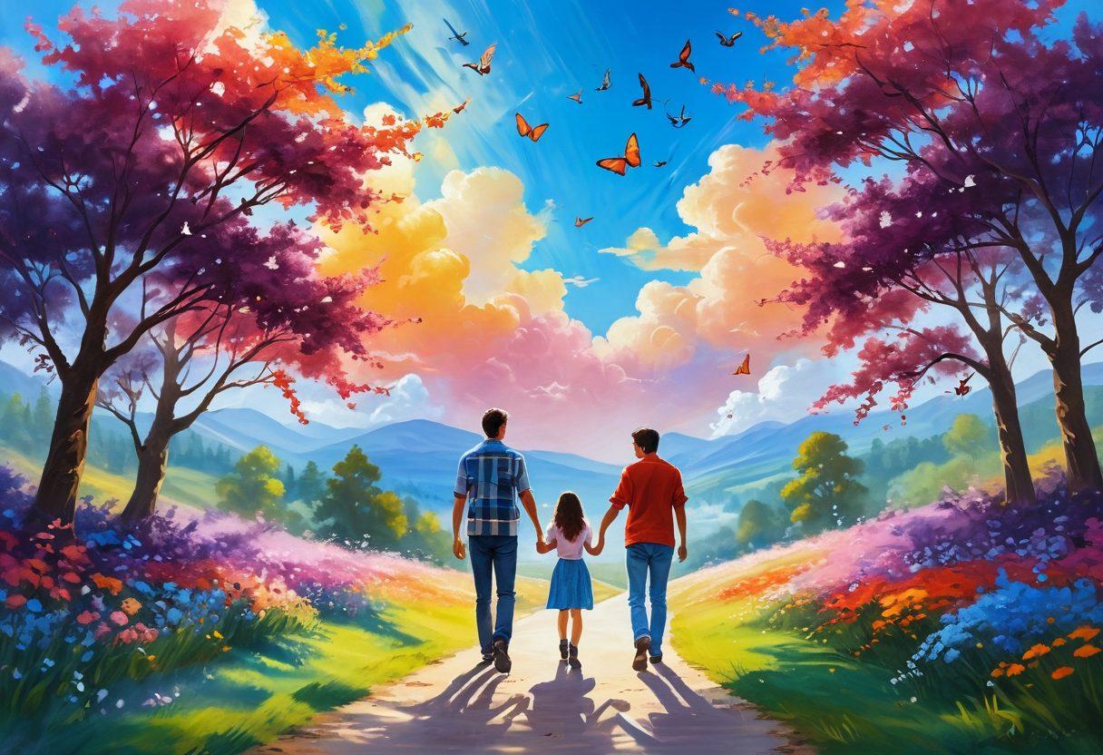 A couple walking hand-in-hand through a picturesque landscape, adorned with blooming flowers and soft sunlight filtering through trees, symbolizing a joyful journey. Include heart-shaped clouds in a clear blue sky, and playful butterflies dancing around them, representing love and affection. The scene should evoke warmth, happiness, and a sense of adventure. vibrant colors. soft focus. painting.