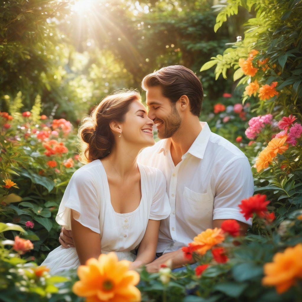 A serene couple sharing an intimate moment in a lush, blooming garden, surrounded by vibrant flowers and soft sunlight filtering through the leaves. They are laughing together, with glances of deep affection, showcasing emotion and connection. The scene should evoke feelings of love and serenity, emphasizing the beauty of relationships. super-realistic. vibrant colors. soft focus.