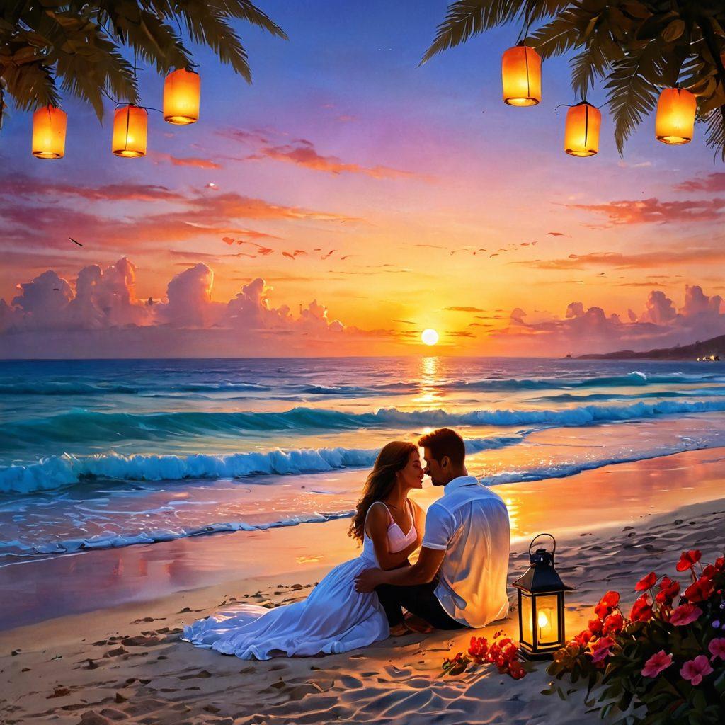 A romantic scene featuring a couple sharing a joyful moment on a sunset beach, surrounded by soft, glowing lanterns and delicate flowers symbolizing love. Include a gentle ocean breeze, warm colors of the sunset reflecting on their faces, and a hint of laughter in the air. The atmosphere radiates warmth and intimacy. super-realistic. vibrant colors. romantic ambiance.